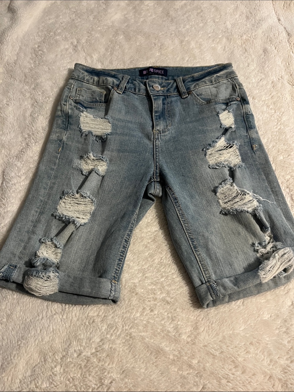 Blue Spice Light Blue Distressed Denim Bermuda Shorts